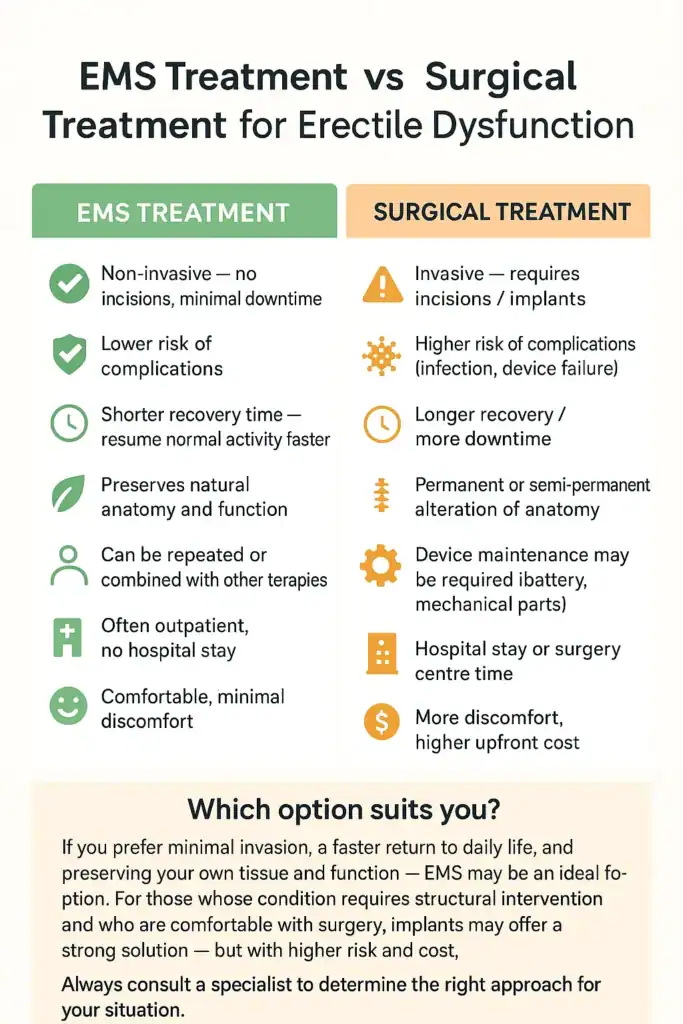 A table showing the benefits of EMS chair for erectile dysfunction treatment Bolton compared to surgery.